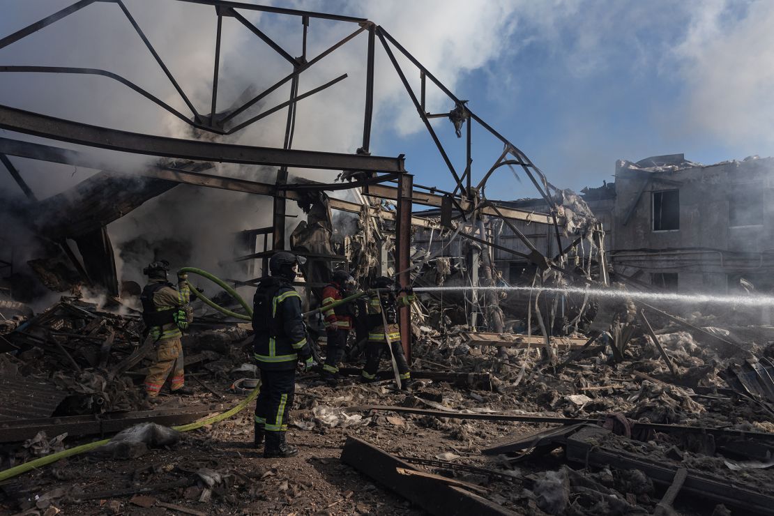 Smoke rises from a building destroyed in Russian shelling in the city of Kostiantynivka, Ukraine on February 21.