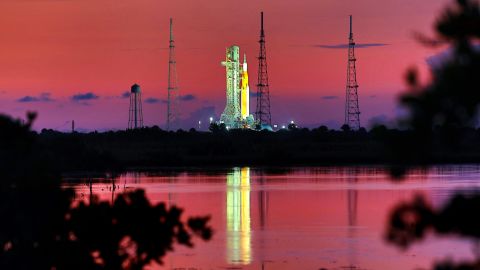 Artemis I sits at Launch Pad 39-B at Kennedy Space Center, Fla., at sunrise, Wednesday, Aug. 31, 2022, as seen from nearby Canaveral National Seashore. (Joe Burbank/Orlando Sentinel/Tribune News Service via Getty Images)