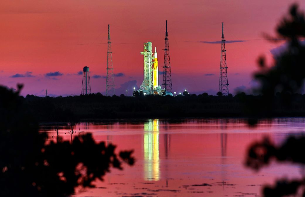 NASA's Space Launch System rocket sits on a launchpad at Kennedy Space Center, Florida, on Aug. 31, 2022, ahead of the Artemis I test flight.