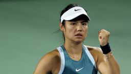 Emma Raducanu celebrates scoring a point against Karolina Muchova during the Dubai Duty Free Tennis Championships in Dubai, United Arab Emirates, on February 18, 2025.