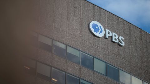 A sign for the Public Broadcasting Service is seen on its building headquarters in Arlington, Virginia, on February 18, 2025.