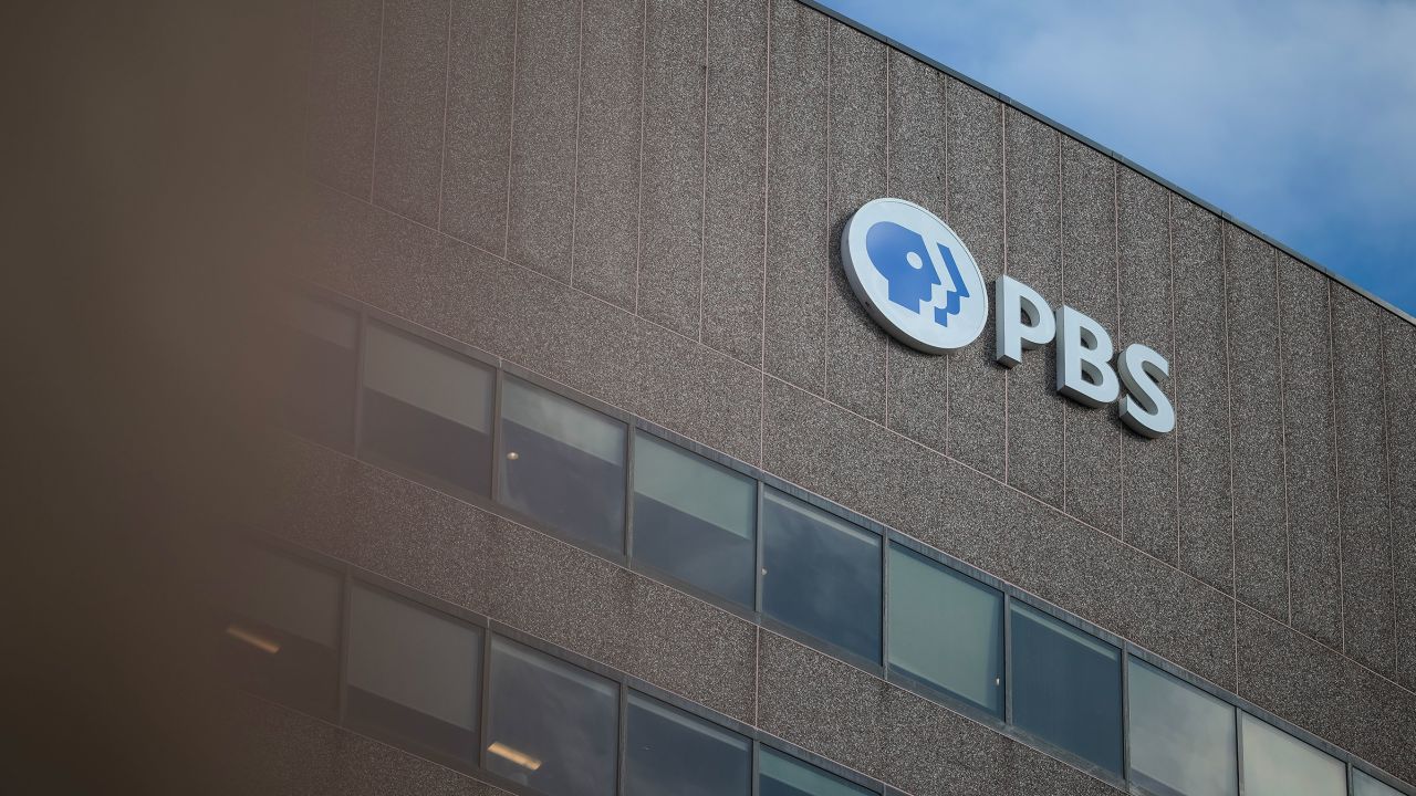 A sign for the Public Broadcasting Service is seen on its building headquarters in Arlington, Virginia, on February 18, 2025.