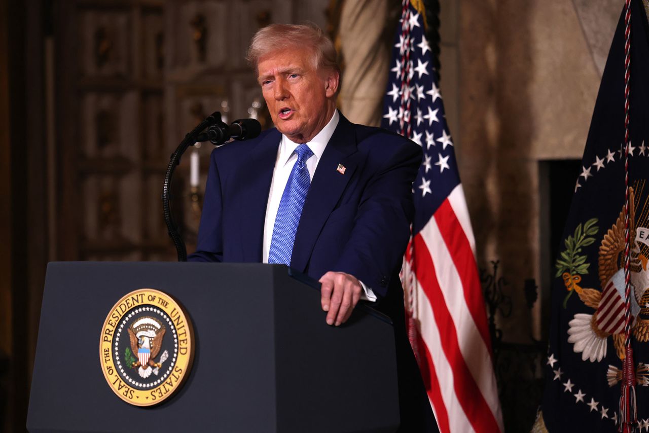 President Donald Trump delivers remarks before signing an executive order at his Mar-a-Lago resort on Tuesday, in Palm Beach, Florida.