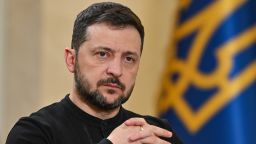 Ukrainian President Volodymyr Zelensky gives an interview to Turkish media after his visit to Turkey on February 19, 2025, in Ankara, Turkey.