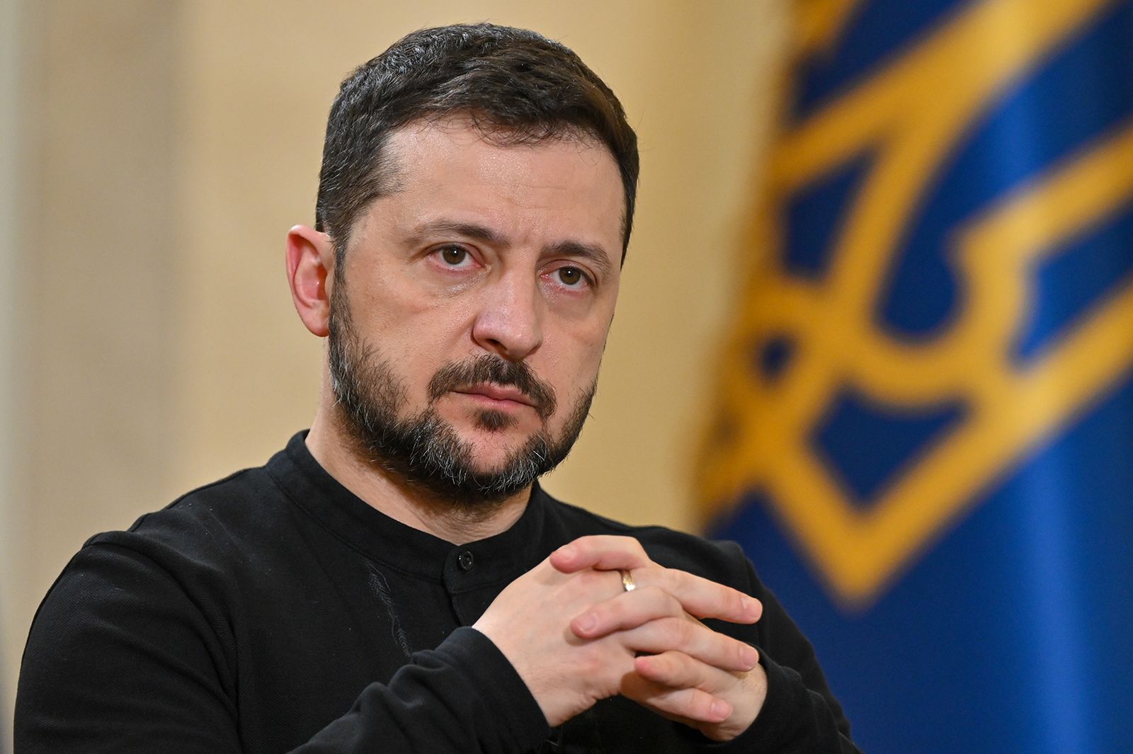 Ukrainian President Volodymyr Zelensky gives an interview to Turkish media after his visit to Turkey on February 19, 2025, in Ankara, Turkey.