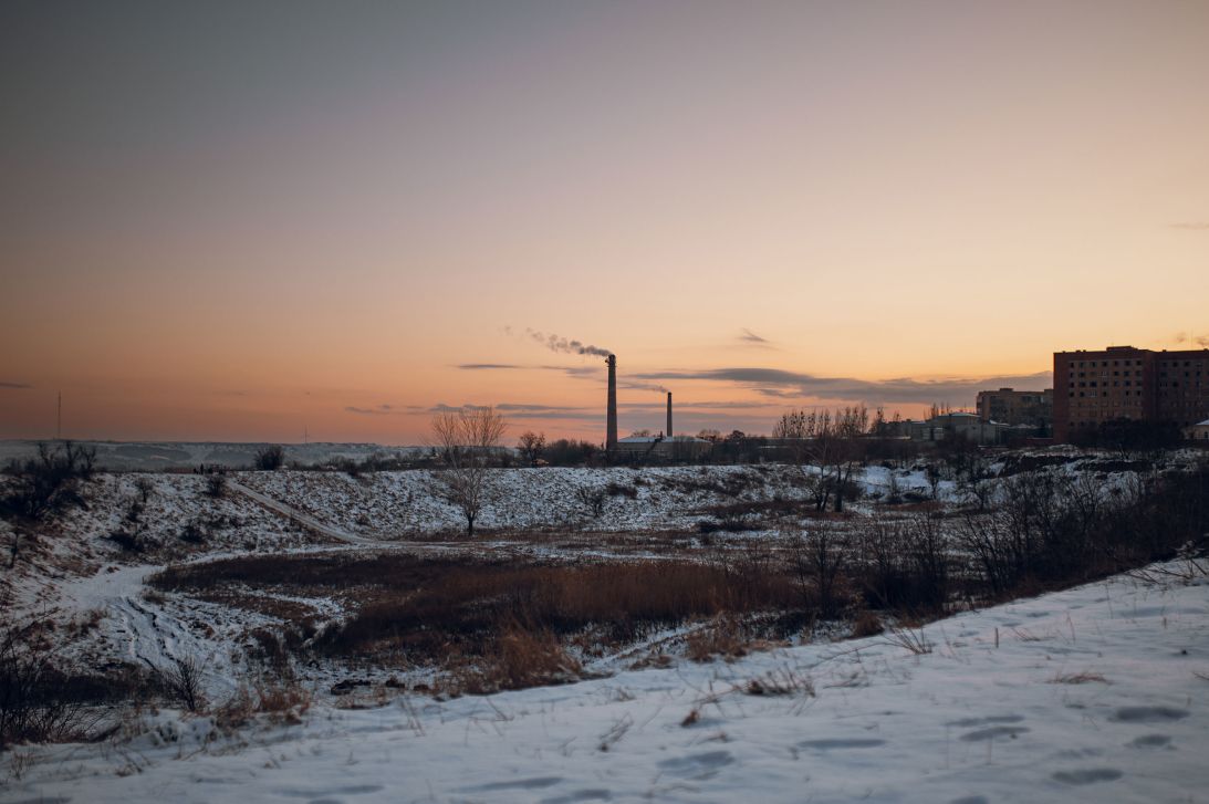 Smoke rises from chimney stacks in Sloviansk, Ukraine, in February.