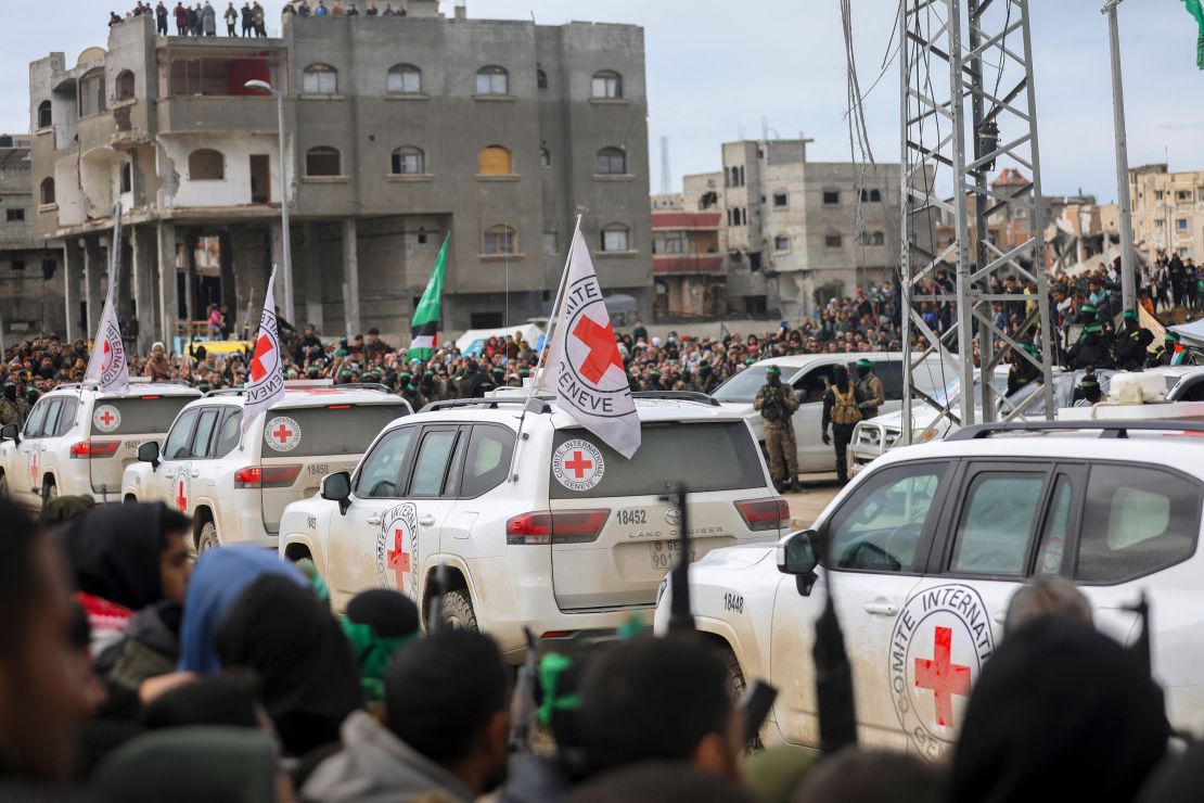 International Red Cross vehicles arrive at the site of the handing over of two Israeli hostages in Rafah in the southern Gaza Strip, as part of the seventh hostage-prisoner release last month.