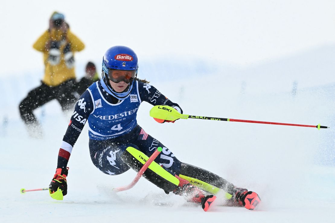 US Mikaela Shiffrin competes in the Women's Slalom event during the FIS Alpine Skiing World Cup in Sestriere, Italy, on February 23, 2025. (Photo by Marco BERTORELLO / AFP) (Photo by MARCO BERTORELLO/AFP via Getty Images)