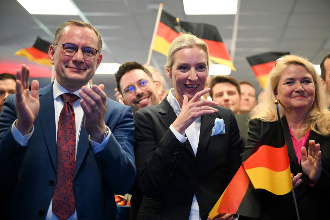 Co-leader of Germany's far-right Alternative for Germany (AfD) party and her party's top candidate for Chancellor Alice Weidel and co-leader of the far-right Alternative for Germany (AfD) party Tino Chrupalla cheer with party members during the electoral evening in Berlin on February 23, 2025, after the first exit polls in the German general elections. (Photo by Soeren Stache / POOL / AFP) (Photo by SOEREN STACHE/POOL/AFP via Getty Images)