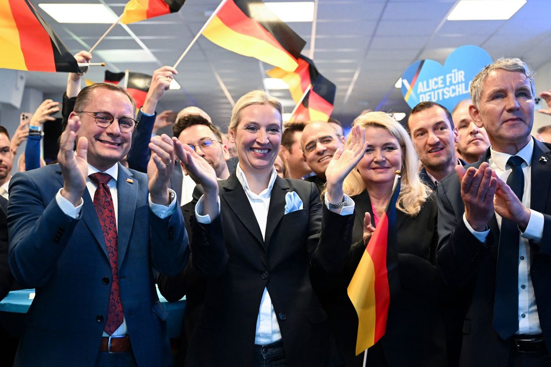 Members of Germany's far right party AfD, including co-leader Alice Weidel (center left) in Berlin on February 23, 2025, after the first exit polls in the German general elections.