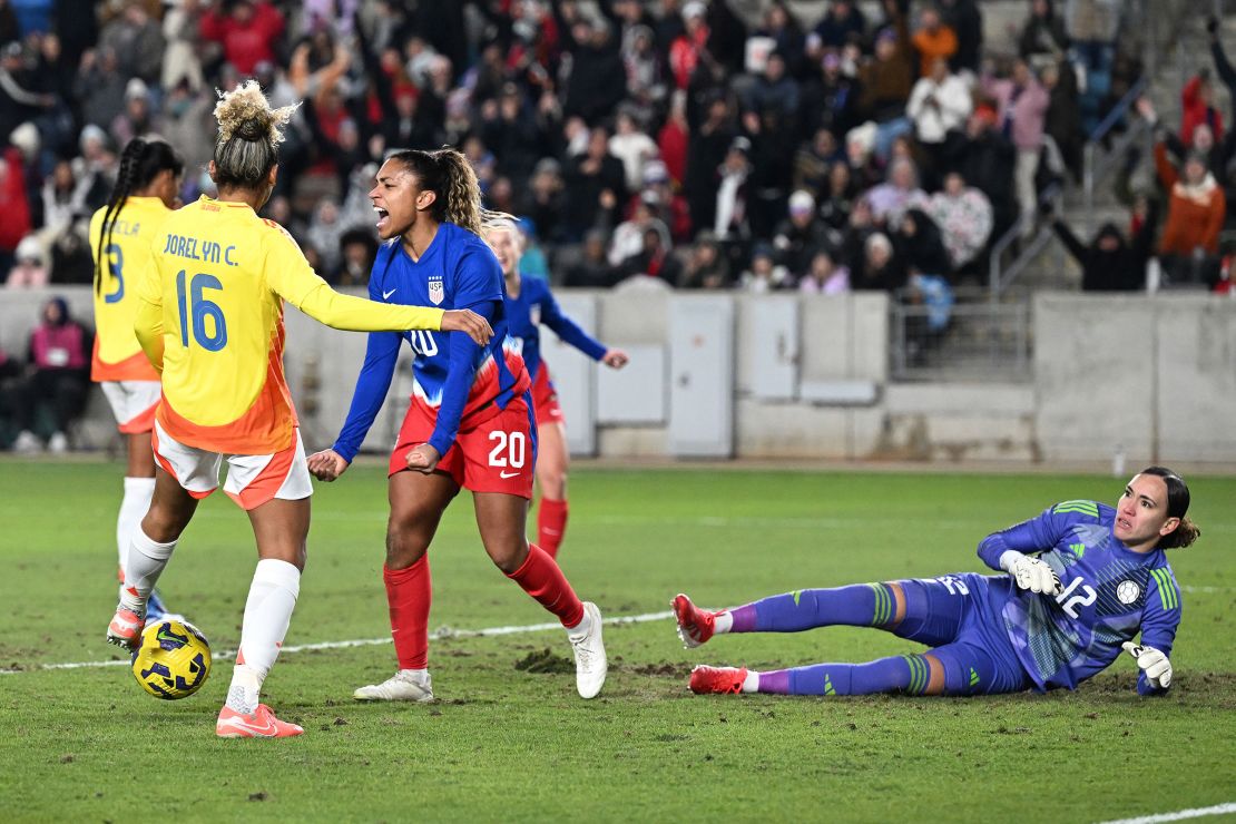 Catarina Macario celebrates the USWNT's first goal against Colombia.