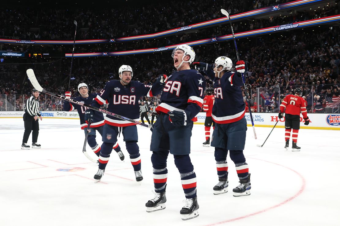 Brady Tkachuk #7 of Team United States celebrates after scoring a goal against Jordan Binnington #50 of Team Canada during the first period in the NHL 4 Nations Face-Off Championship Game.