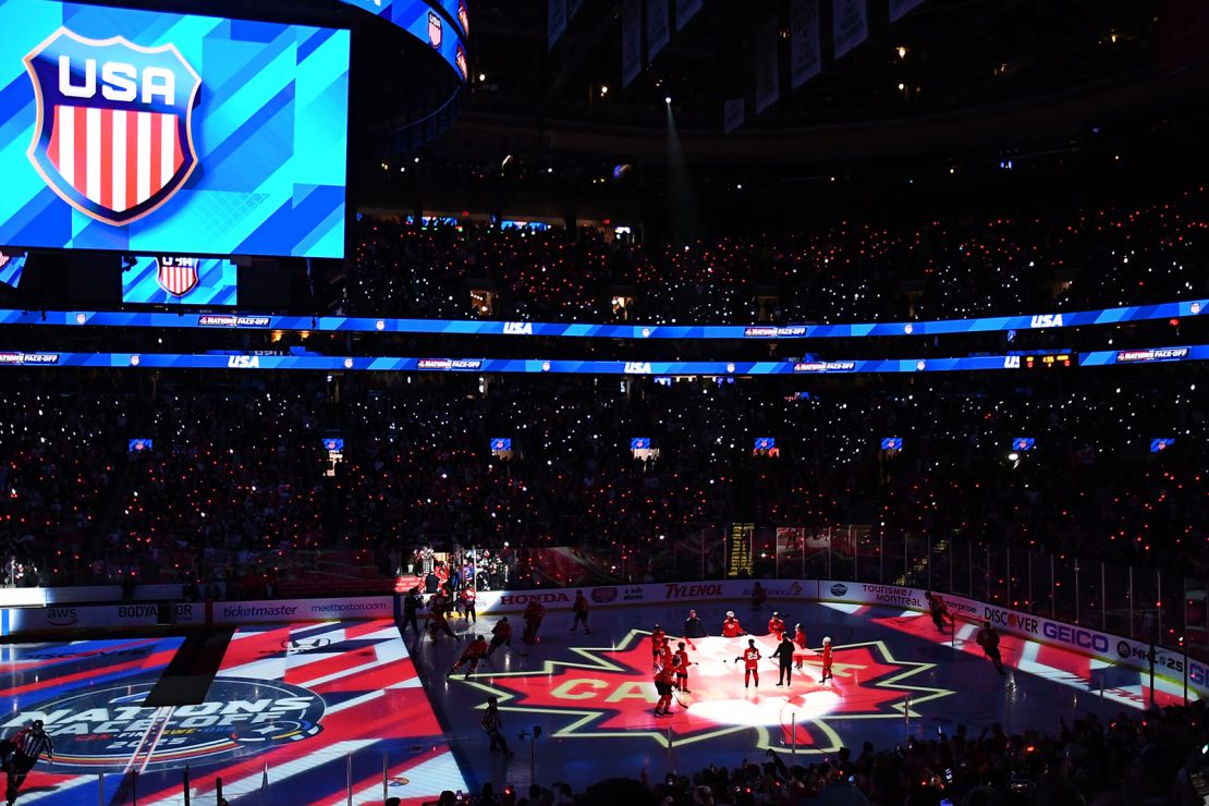 A general view of pre-game ceremonies before the 4 Nations Face-Off Championship game between Team Canada and Team United States at TD Garden.