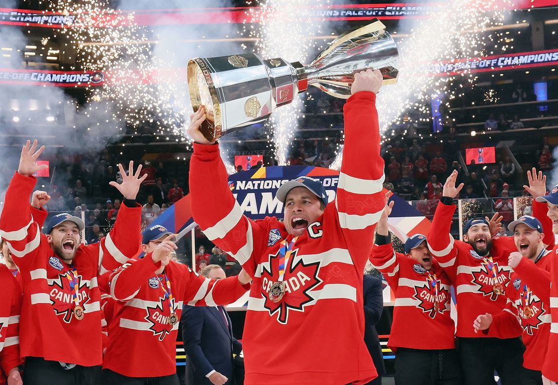 BOSTON, MASSACHUSETTS - FEBRUARY 20: Sidney Crosby #87 of Team Canada celebrates with his teammates after defeating Team United States in overtime to win the NHL 4 Nations Face-Off Championship Game at TD Garden on February 20, 2025 in Boston, Massachusetts. (Photo by Bruce Bennett/Getty Images)