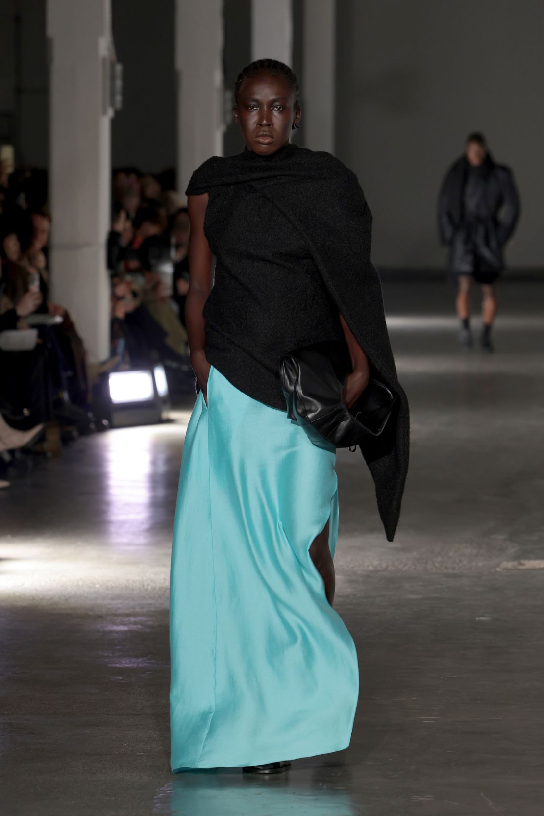 Nuba, also part of Fashion East, used the color cyan blue as a recurring motif throughout the collection.