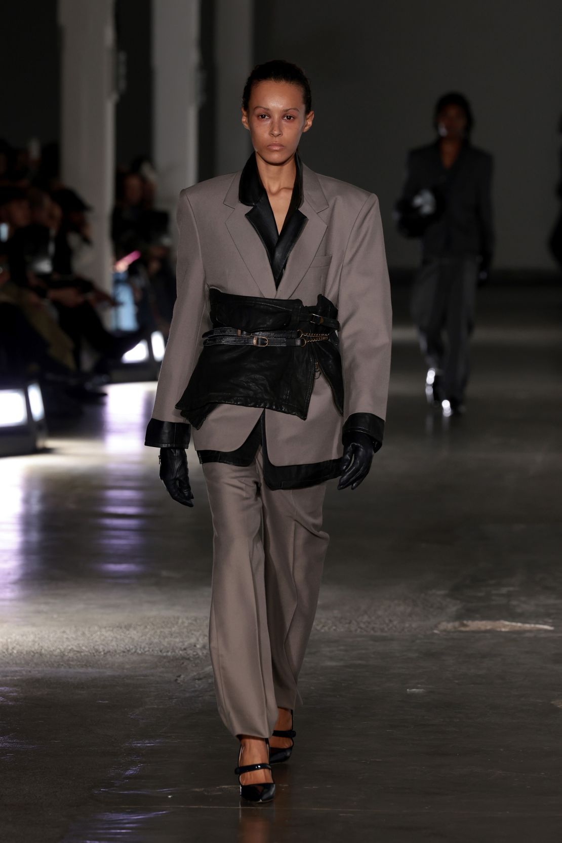 Corporate tailoring was given a leather edge at Louther, who showed as part of fashion incubator Fashion East.