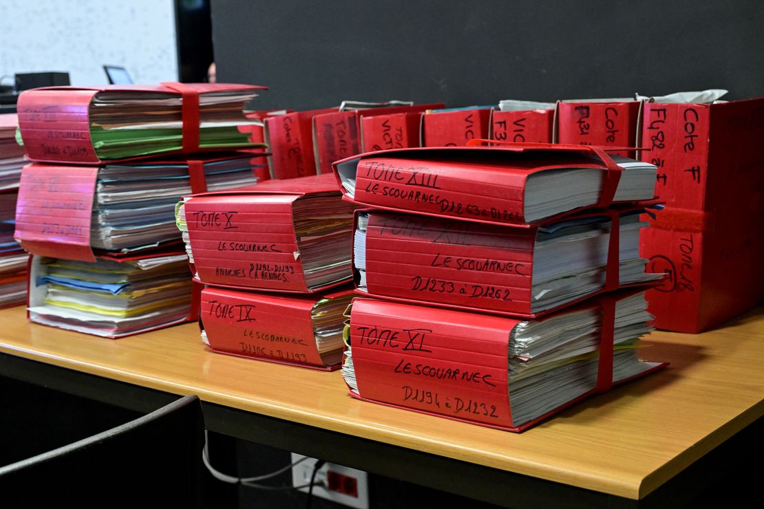 This photograph shows files in the Criminal Court Court in Vannes on Monday on the opening day of the four -month trial of Le Scouarnec.