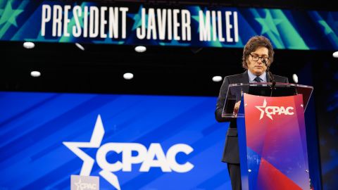 OXON HILL, MARYLAND - FEBRUARY 22: President of Argentina Javier Milei speaks on stage during the Conservative Political Action Conference (AC) at the Gaylord National Resort & Convention Center on February 22, 2025 in Oxon Hill, Maryland. The annual four-day gathering brings together conservative U.S. lawmakers, international leaders, media personalities and businessmen to discuss and champion conservative ideas. (Photo by Kayla Bartkowski/Getty Images)