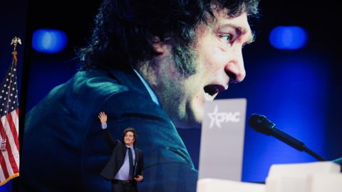 OXON HILL, MARYLAND - FEBRUARY 22: President of Argentina Javier Milei walks on stage during the Conservative Political Action Conference (AC) at the Gaylord National Resort & Convention Center on February 22, 2025 in Oxon Hill, Maryland. The annual four-day gathering brings together conservative U.S. lawmakers, international leaders, media personalities and businessmen to discuss and champion conservative ideas. (Photo by Kayla Bartkowski/Getty Images)