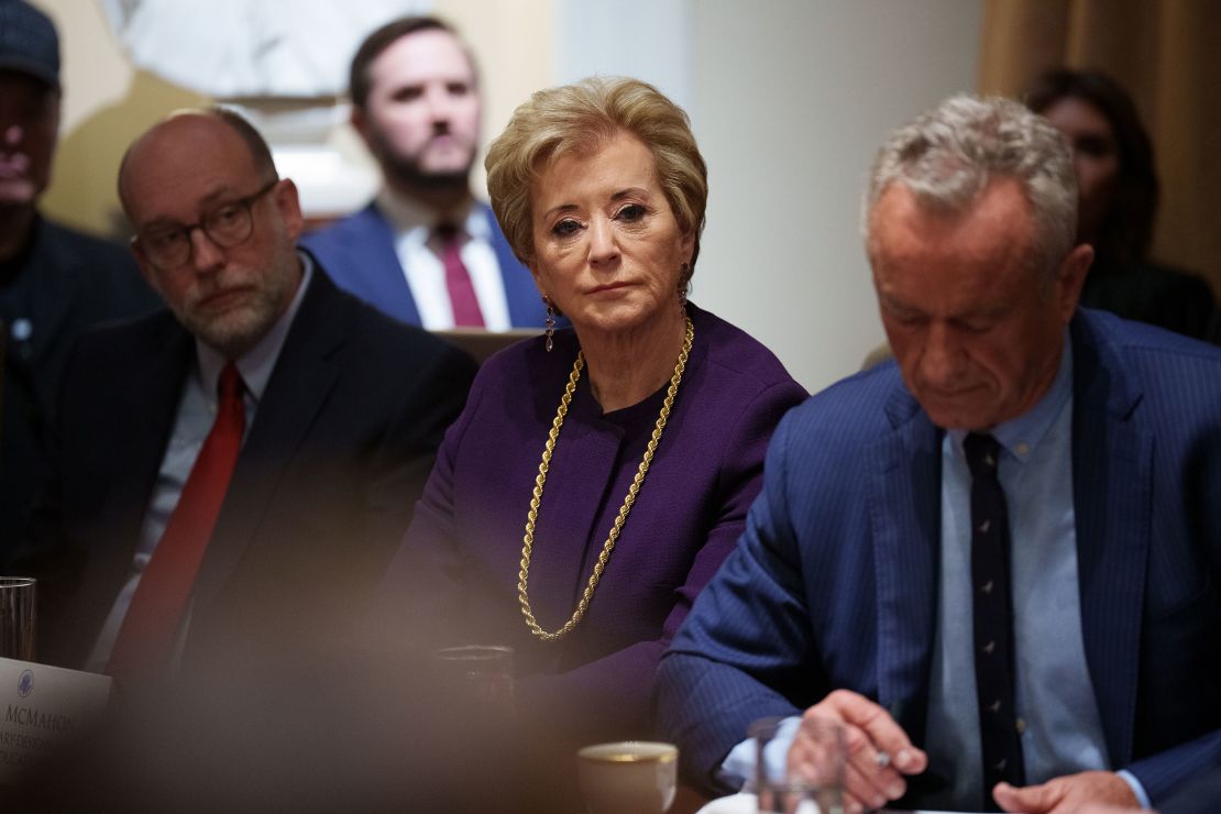 Left to right, Office of Management and Budget Director Russell Vought, Education Secretary Linda McMahon, and US Health and Human Services Secretary Robert F. Kennedy Jr. appear during a Cabinet meeting at the White House on February 26, 2025, in Washington, DC.