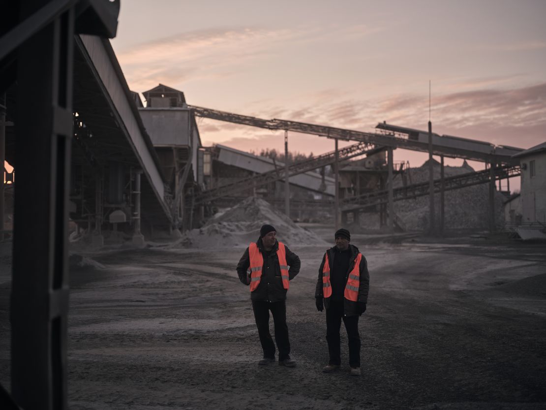 Workers at a granite mine in the Zhytomyr region of Ukraine on on February 26, 2025.