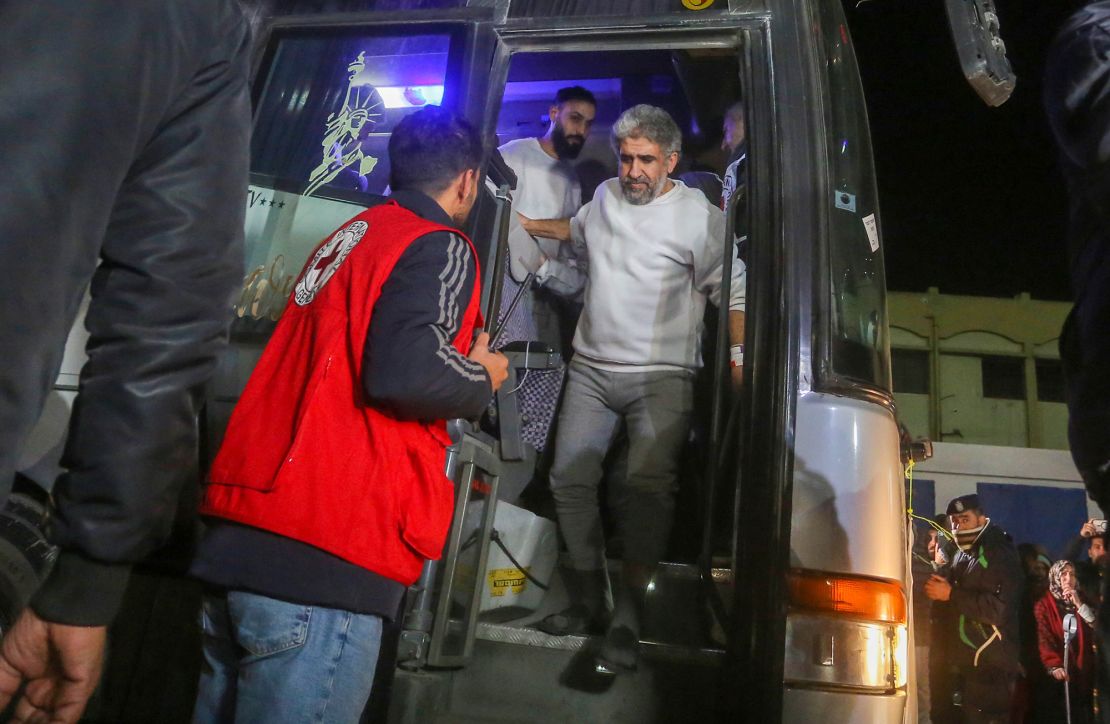 Released Palestinian prisoners accompanied by teams from the Red Cross, arrive at the European hospital for treatment in Khan Younis, Gaza on February 27, 2025.