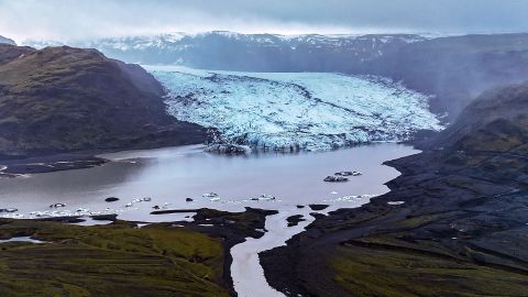 An aerial view shows the Vatnajokull glaciers meeting the mainland are melting into the ocean or forming lagoons due to global warming and climate change, which is located about 200 km south of the capital Reykjavík, Iceland on February 23, 2025. Iceland, located between Europe and Greenland, has the largest glacier masses in Europe, covering about 10% of its land.