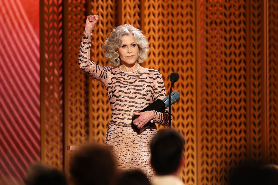 Jane Fonda accepts the SAG Life Achievement Award on Sunday.