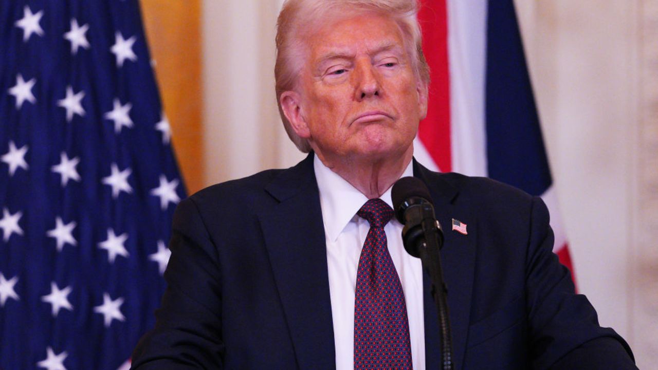 WASHINGTON, DC - FEBRUARY 27: U.S. President Donald Trump speaks during a t press conference with UK Prime Minister Keir Starmer in the East Room at the White House on February 27, 2025 in Washington, DC. Starmer is on his first visit to Washington since President Trump returned to the White House. Starmer's trip comes shortly after he announced an increase in UK defense spending, ostensibly as a signal to Trump that the UK is prepared to bolster Europe's security, and as he aims to broker a fair peace deal for Ukraine amid Trump's warming relations with Russia. (Photo by Carl Court - Pool/Getty Images)