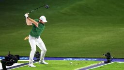 PALM BEACH GARDENS, FLORIDA - FEBRUARY 24: Rory McIlroy of Boston Common Golf hits a tee shot on the ninth hole during their TGL presented by SoFi match against Atlanta Drive GC at SoFi Center on February 24, 2025 in Palm Beach Gardens, Florida. (Photo by Carmen Mandato/TGL/TGL via Getty Images)