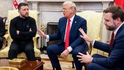 Volodymyr Zelenskiy, Ukraine's president, from left, US President Donald Trump, and Vice President JD Vance during a meeting in the Oval Office of the White House in Washington, DC, US, on Friday, Feb. 28, 2025. Zelenskiy is meeting with Trump to discuss a deal that would allow the US to share in Ukraine's natural resources, hoping to start a discussion on security guarantees. Photographer: Jim Lo Scalzo/EPA/Bloomberg via Getty Images