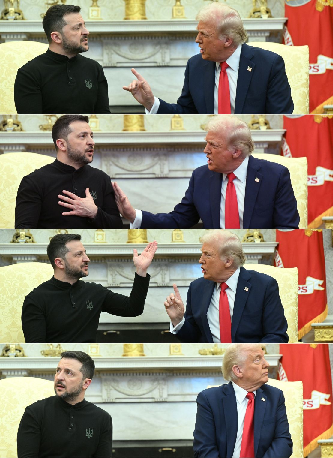 Esta combinación de imágenes creada el 28 de febrero de 2025 muestra al presidente de Estados Unidos, Donald Trump, y al presidente de Ucrania, Volodymyr Zelensky, reunidos en la Oficina Oval de la Casa Blanca en Washington el 28 de febrero de 2025.