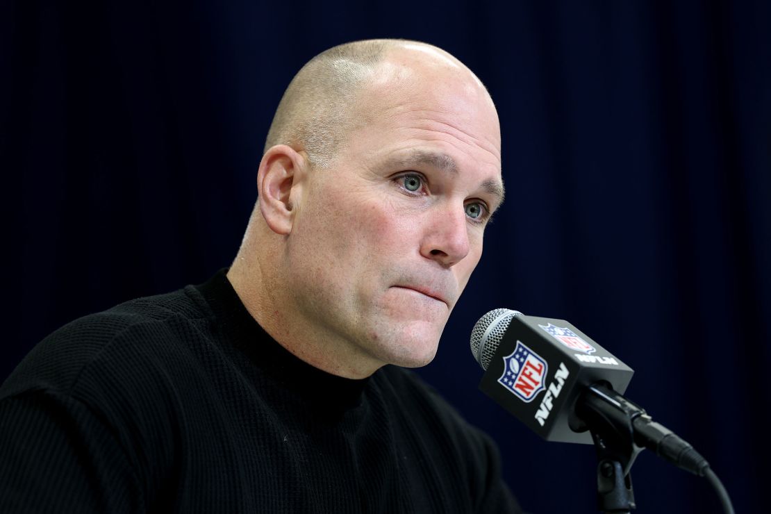 DeCosta speaks to the media at the NFL Scouting Combine in Indianapolis on February 25, 2025.