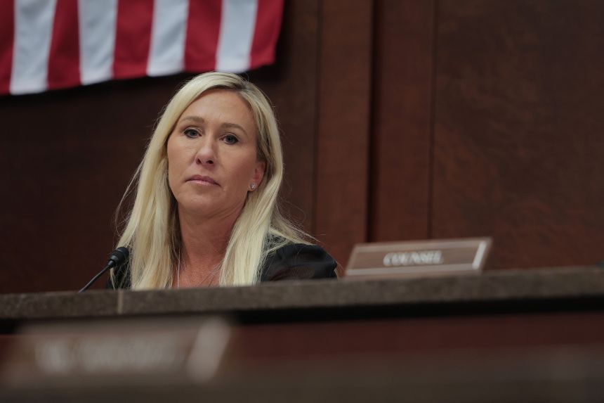 Rep. Marjorie Taylor Greene presides over a hearing of the House Oversight Subcommittee at the US Capitol in Washington, DC, on February 26.