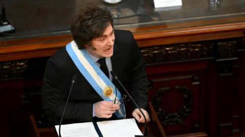 Argentina's President Javier Milei gestures as he speaks during the inauguration of the 143rd ordinary session of Congress at the National Congress in Buenos Aires on March 1, 2025. (Photo by Luis ROBAYO / AFP) (Photo by LUIS ROBAYO/AFP via Getty Images)          