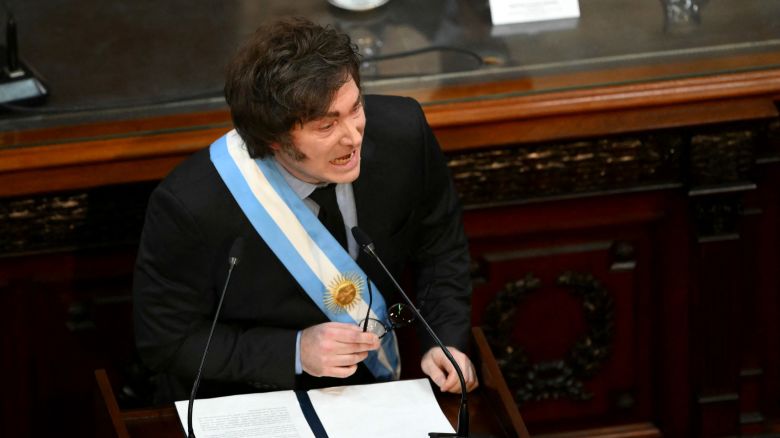 Argentina's President Javier Milei gestures as he speaks during the inauguration of the 143rd ordinary session of Congress at the National Congress in Buenos Aires on March 1, 2025. (Photo by Luis ROBAYO / AFP) (Photo by LUIS ROBAYO/AFP via Getty Images)          
