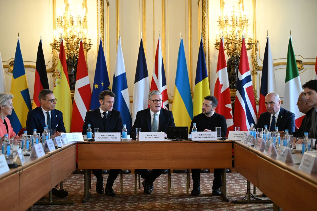 European Commission President Ursula von der Leyen, Finnish President Alexander Stubb, France's President Emmanuel Macron, UK Prime Minister Keir Starmer, Zelensky, Romania's Interim President Ilie Bolojan, European Council President Antonio Costa and Canadian Prime Minister Justin Trudeau at a summit in central London on March 2, 2025.