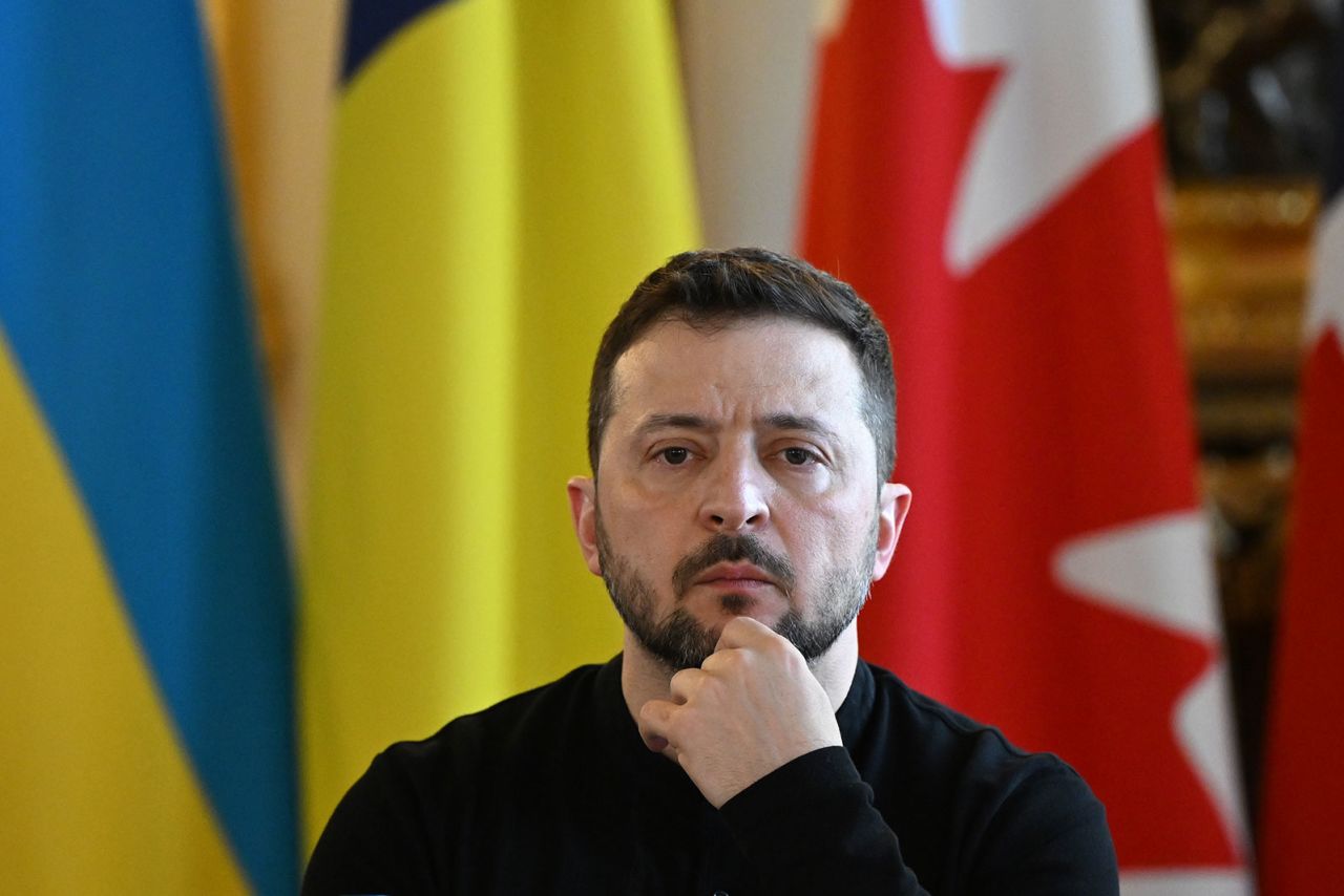 Ukraine's President Volodymyr Zelensky prepares for a plenary meeting at Lancaster House during the European leaders' summit on Sunday, in London.