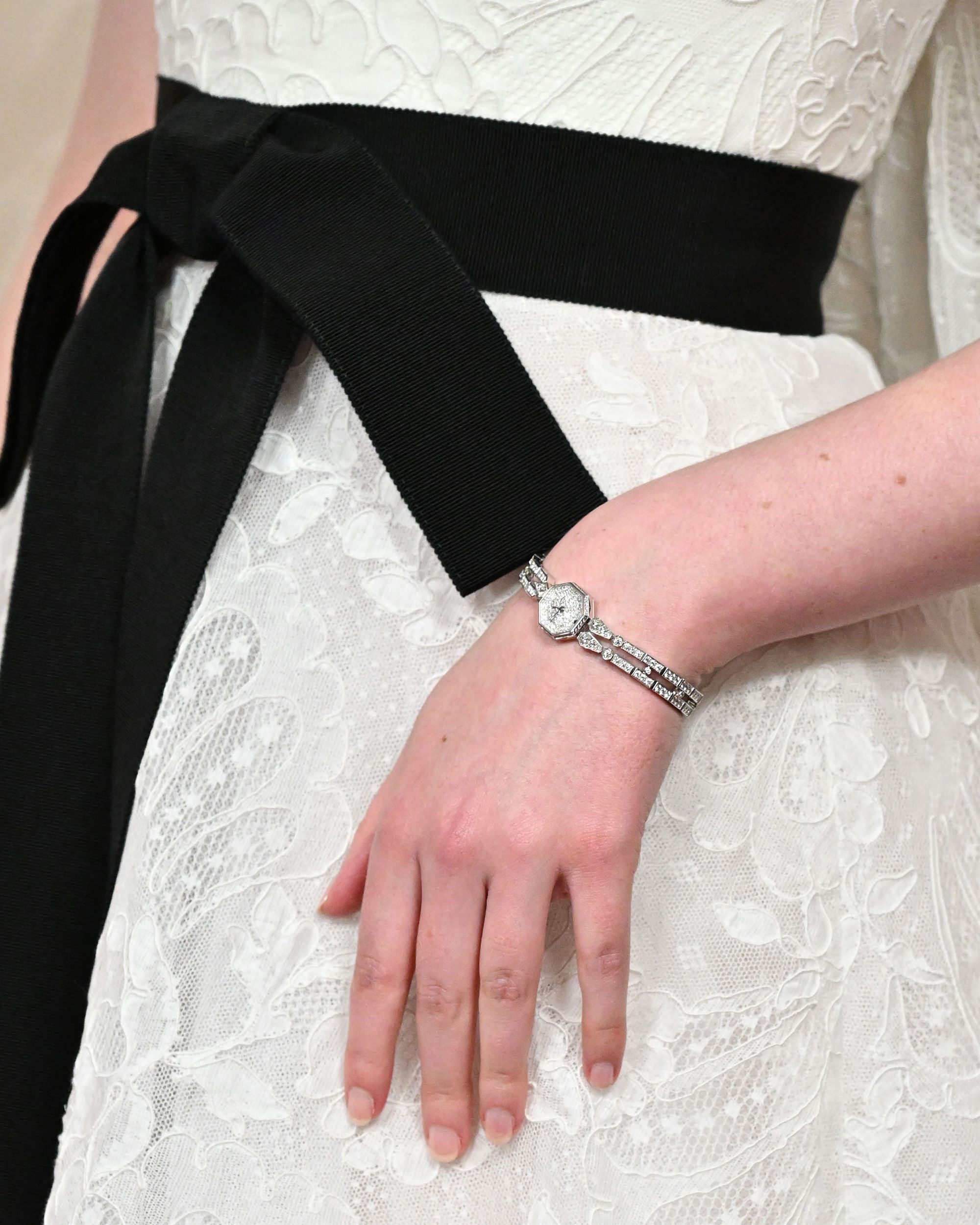 Fustani ishte zbukuruar me një hark elegant deri në dysheme - dhe një choker vintage Cartier.