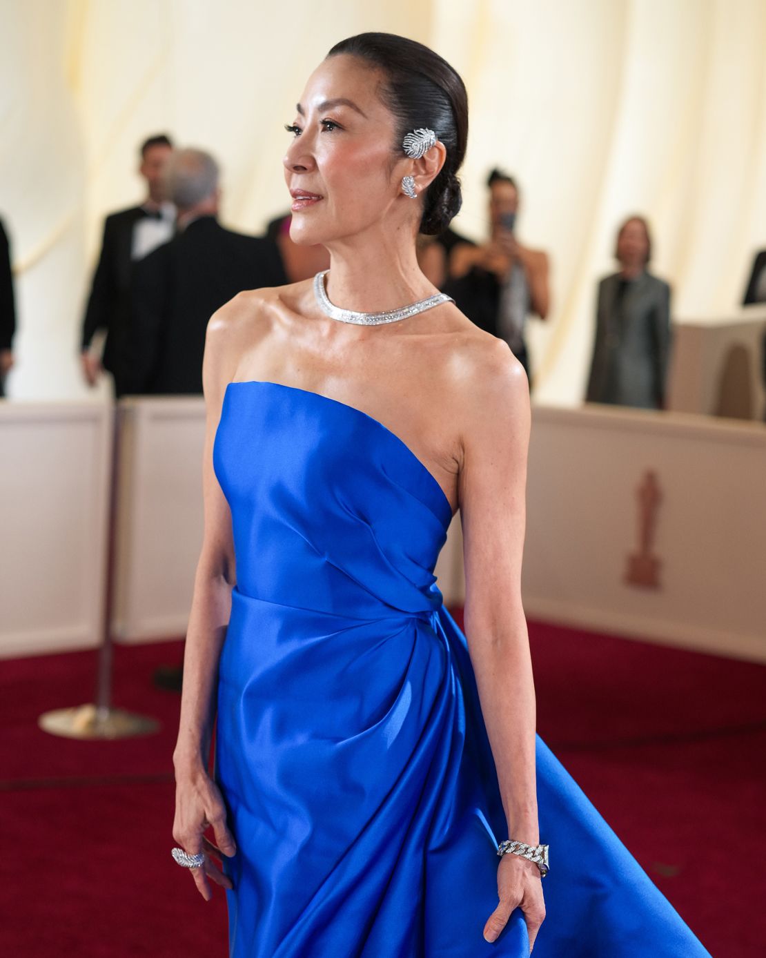 She accessorized with elaborate earrings and a diamond-encrusted tie-necklace by Maison Boucheron.