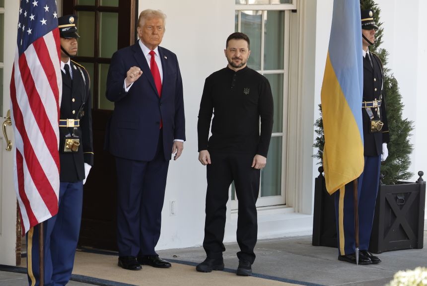 Zelensky meeting Trump on February 28, 2025 in Washington, DC wearing a black, long sleeve shirt bearing the Ukrainian trident.