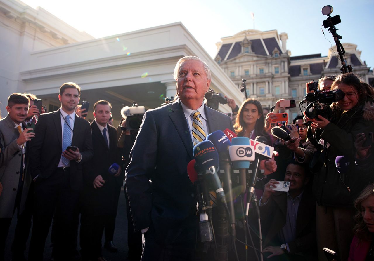 Sen. Lindsey Graham speaks to reporters outside of the White House on February 28.