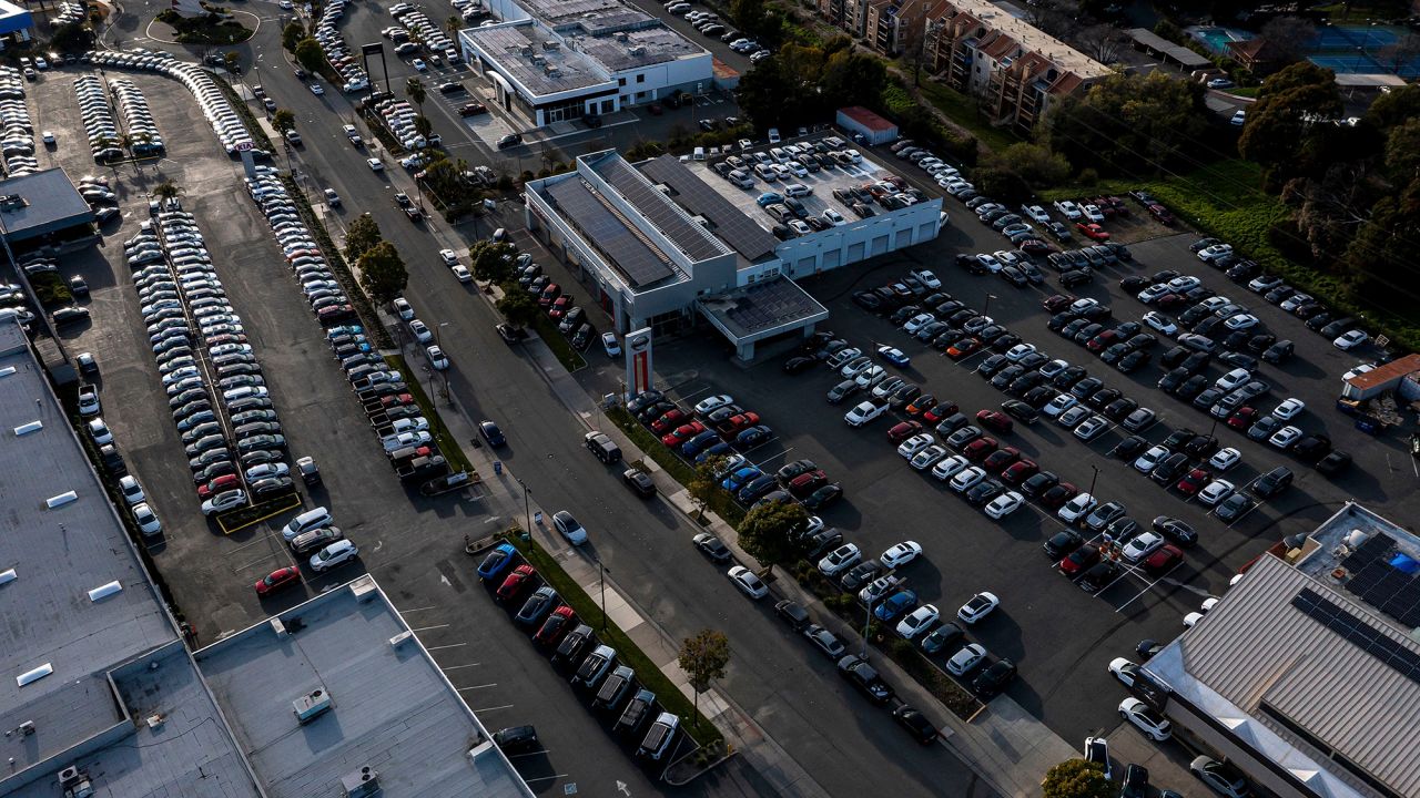 Vehicles at Ford, Nissan, and GMC dealerships in Richmond, California on March 3, 2025.