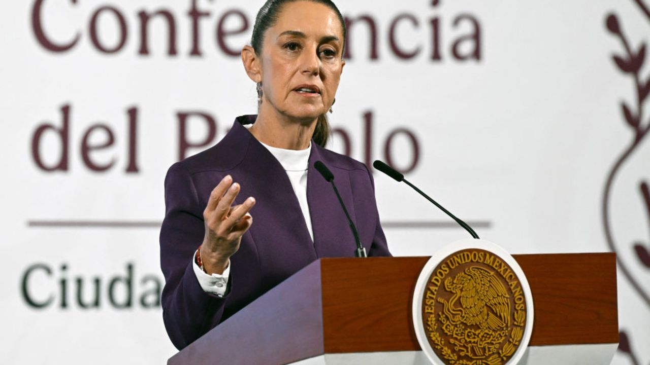 Mexico's President Claudia Sheinbaum speaks to announce that Mexico will hit back at US President Donald Trump's tariffs with retaliatory duties of its own as there was "no reason or justification" for his decision, duing her news conference at the National Palace in Mexico City, on March 4, 2025. Stinging US tariffs on Canadian and Mexican goods came into effect as a deadline to avert President Donald Trump's levies ed without the nations striking a deal -- a move set to snarl supply chains. (Photo by Alfredo ESTRELLA / AFP) (Photo by ALFREDO ESTRELLA/AFP via Getty Images)