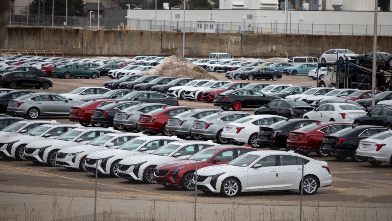 LANSING MICHIGAN - MARCH 4: New General Motors vehicles are parked at the GM Lansing Grand River Assembly plant as the first day of President Donald Trump's 25 percent tariffs on goods from Canada and Mexico goes into effect March 4, 2025 in Lansing, Michigan. President Trump is also adding 10% tariff on imports from China, bringing the tariffs on that country's goods to 20%.  (Photo by Bill Pugliano/Getty Images)