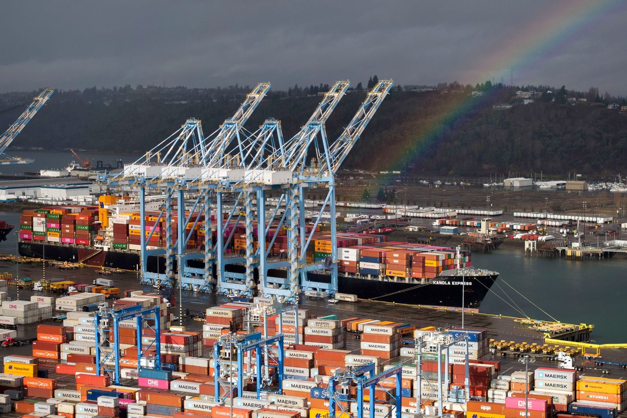 Shipping containers are seen at the Port of Tacoma in Tacoma, Washington on Tuesday.