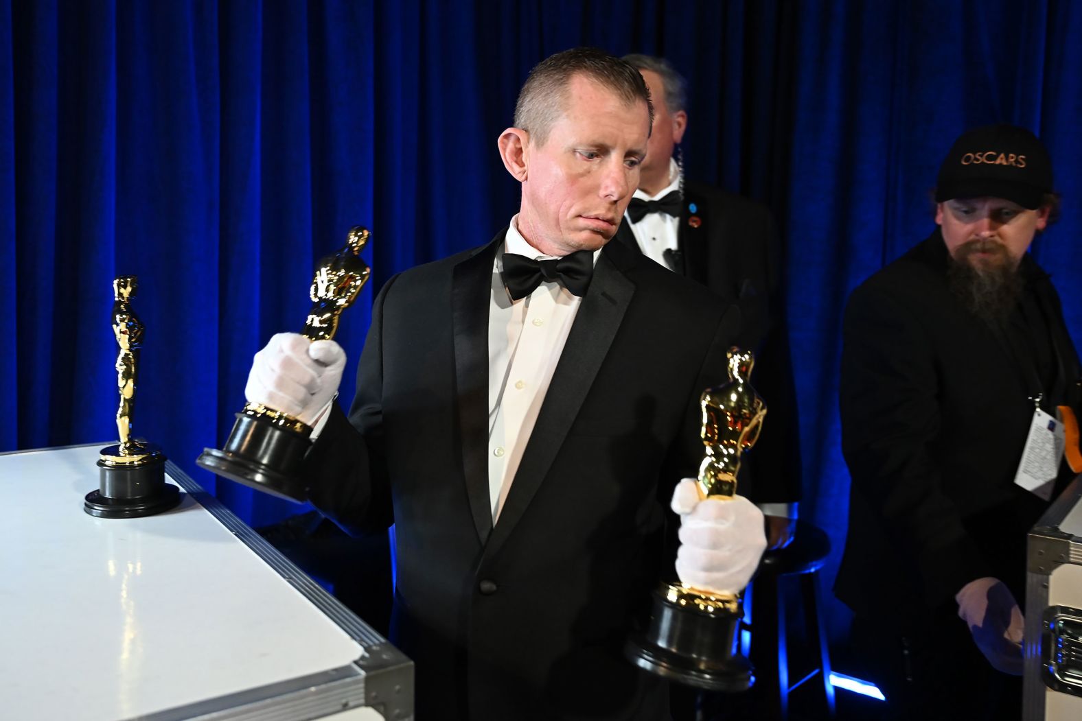 Some of the Oscar statuettes are held backstage.