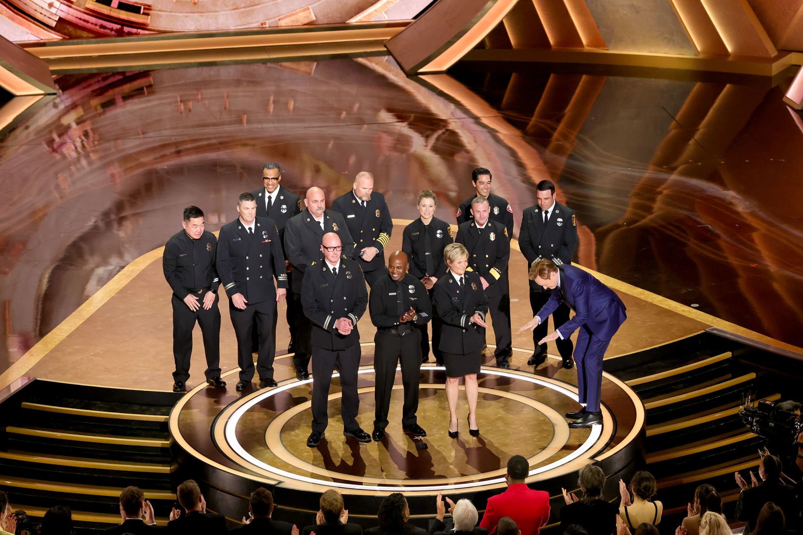 First responders from the Los Angeles area receive one of the longest standing ovations of the night. This year’s show also acted as a fundraiser as the city continues to recover from last month's <a href="https://www.cnn.com/2025/01/07/weather/gallery/california-wildfires/index.html">devastating wildfires</a>.