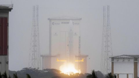 TOPSHOT - The European Space Agency (ESA) Ariane 6 rocket lifts off from the Guiana Space Centre in Kourou, French Guiana, on March 6, 2025, carrying the CSO-3 satellite of the French government's armament agency DGA. After several false starts, Europe's new rocket Ariane 6 is aiming to finally blast off on its first commercial mission, carrying with it the continent's hopes of bolstering its security and independent access to space. (Photo by Ronan LIETAR / AFP) (Photo by RONAN LIETAR/AFP via Getty Images)          