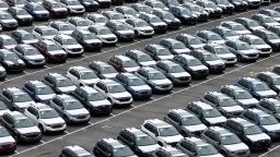RICHMOND, CALIFORNIA - MARCH 04: In an aerial view, brand new Subaru cars sit in a storage lot at Auto Warehouse Co. on March 04, 2025 in Richmond, California. U.S. tariffs against Mexico, China and Canada went into effect on March 4th and could be as high as 25 percent on all imports. (Photo by Justin Sullivan/Getty Images)